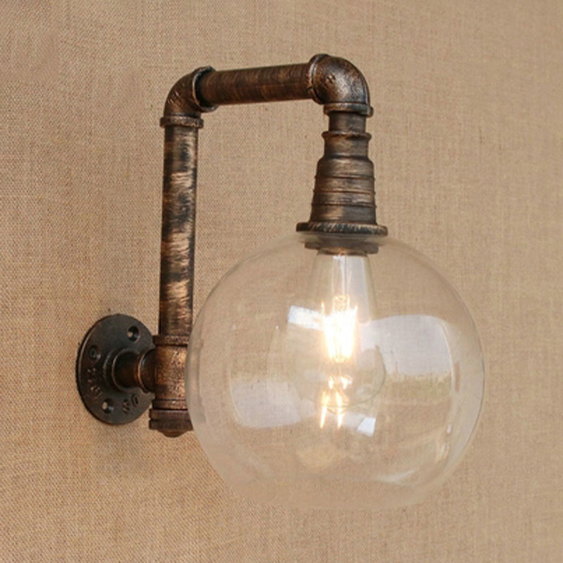 Avtoit | Globe Stairway Wall Lamp Industrial Clear Glass 1 Light Aged Brass Wall Mounted Light with Corner Pipe, 8"/10" Width