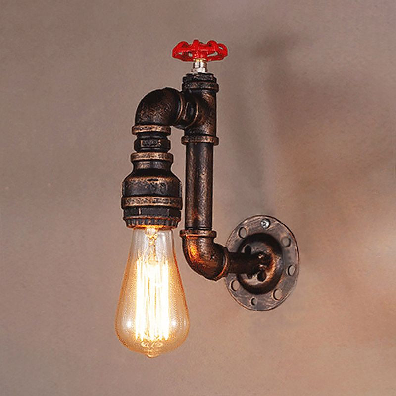 Avtoit | Rustic Style Pipe Wall Sconce with Valve Wheel 1 Bulb Wrought Iron Wall Mounted Light in Bronze