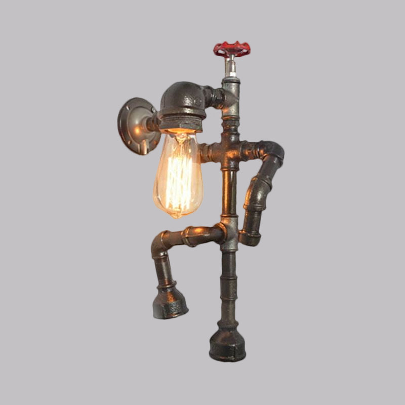 Avtoit | Bronze Finish Robot Sconce Light with Expose Bulb and Red Valve Vintage Metallic 1 Head Corridor Wall Lighting