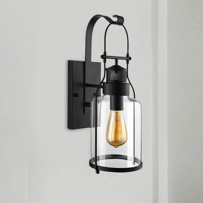 Avtoit | Cylinder clear glass wall-mounted lamp industrial single bulb living room wall sconce in black/white/rust with cage