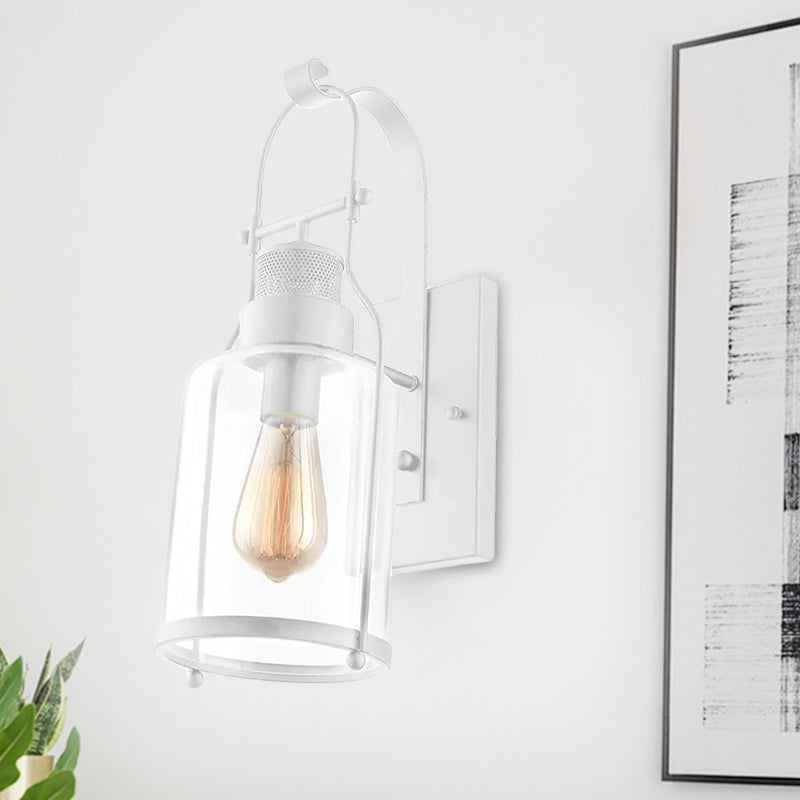 Avtoit | Cylinder clear glass wall-mounted lamp industrial single bulb living room wall sconce in black/white/rust with cage