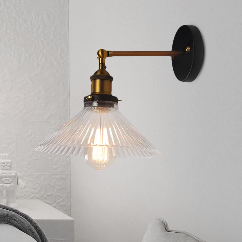 Avtoit | Clear Ribbed Glass Cone/Flower Wall Lamp Industrial 1 Light Living Room Lighting Fixture in Brass for Dining Room
