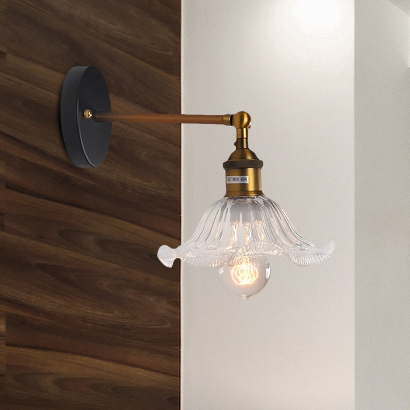 Avtoit | Clear Ribbed Glass Cone/Flower Wall Lamp Industrial 1 Light Living Room Lighting Fixture in Brass for Dining Room