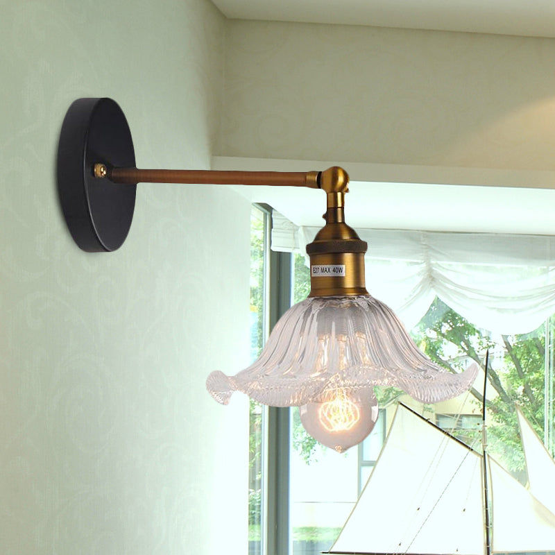 Avtoit | Clear Ribbed Glass Cone/Flower Wall Lamp Industrial 1 Light Living Room Lighting Fixture in Brass for Dining Room