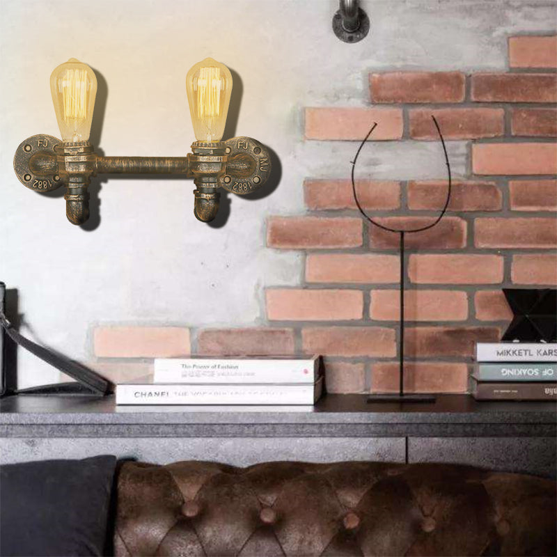 Avtoit | Aged Brass 2 Lights Wall Sconce Light Rustic Industrial Wrought Iron Exposed Wall Mount Light