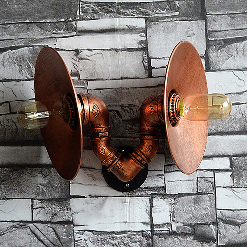 Avtoit | Dark Rust Round Wall Light Rustic Style Wrought Iron 2 Bulbs Bedroom Wall Mounted Light with Pipe