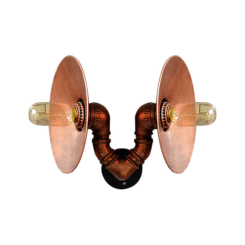 Avtoit | Dark Rust Round Wall Light Rustic Style Wrought Iron 2 Bulbs Bedroom Wall Mounted Light with Pipe