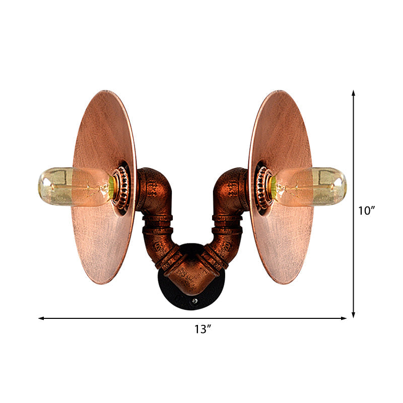 Avtoit | Dark Rust Round Wall Light Rustic Style Wrought Iron 2 Bulbs Bedroom Wall Mounted Light with Pipe