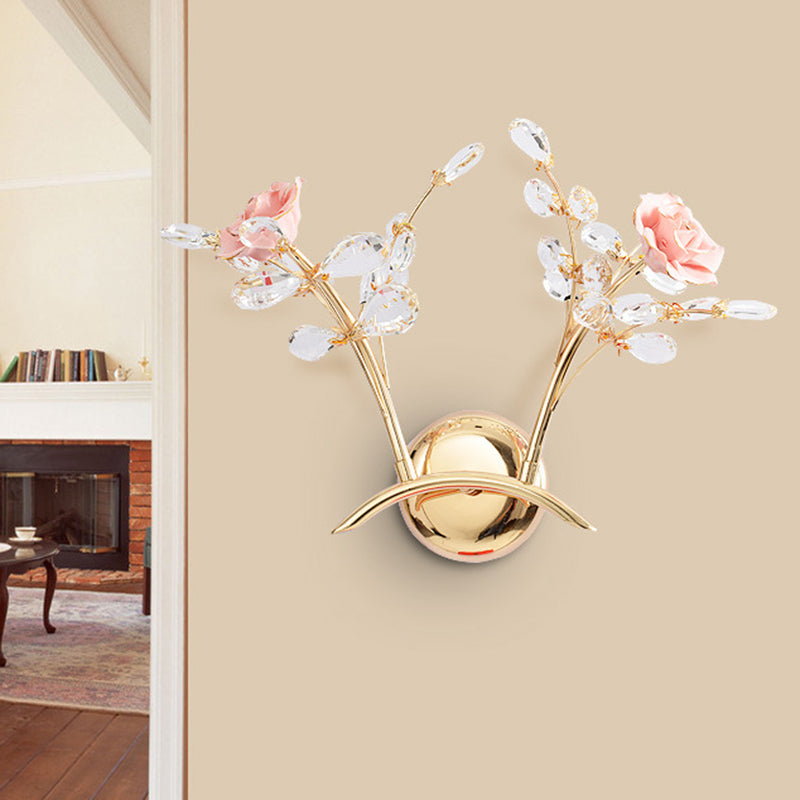 Avtoit | Branches Hall Wall Light Contemporary Clear Crystal Raindrops 2 Heads Gold Wall Mount Lamp with Rose Design