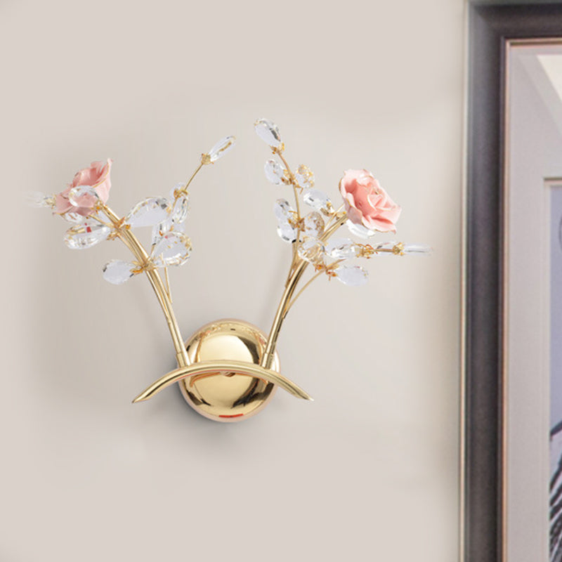 Avtoit | Branches Hall Wall Light Contemporary Clear Crystal Raindrops 2 Heads Gold Wall Mount Lamp with Rose Design