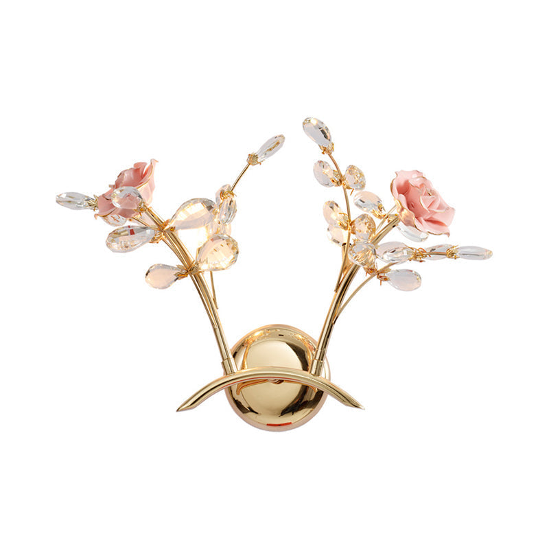 Avtoit | Branches Hall Wall Light Contemporary Clear Crystal Raindrops 2 Heads Gold Wall Mount Lamp with Rose Design