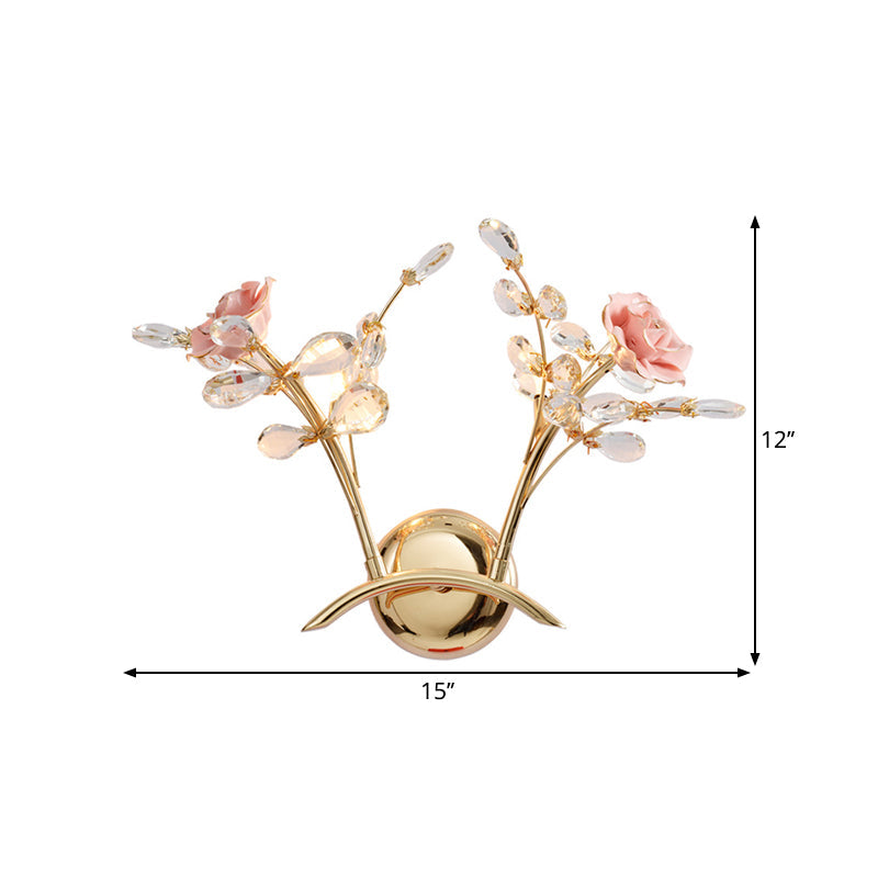 Avtoit | Branches Hall Wall Light Contemporary Clear Crystal Raindrops 2 Heads Gold Wall Mount Lamp with Rose Design