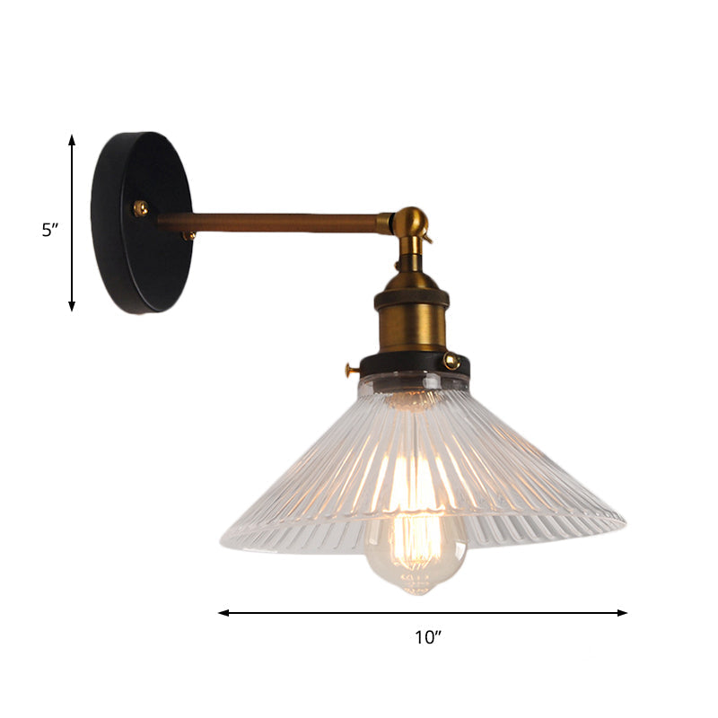 Avtoit | Clear Ribbed Glass Cone/Flower Wall Lamp Industrial 1 Light Living Room Lighting Fixture in Brass for Dining Room