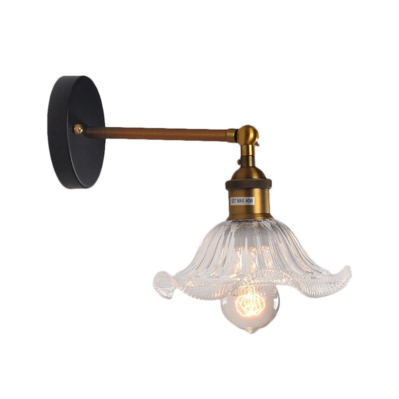 Avtoit | Clear Ribbed Glass Cone/Flower Wall Lamp Industrial 1 Light Living Room Lighting Fixture in Brass for Dining Room