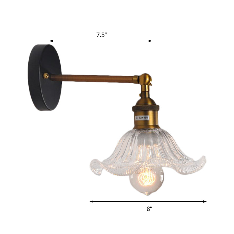 Avtoit | Clear Ribbed Glass Cone/Flower Wall Lamp Industrial 1 Light Living Room Lighting Fixture in Brass for Dining Room