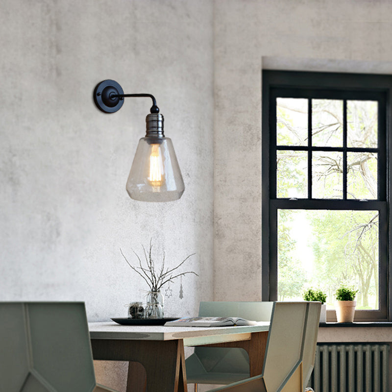 Avtoit | Rustic Style Tapered Shade Wall Lighting Fixture Single Gloss Clear Glass Wall Lamp in Black for Kitchen