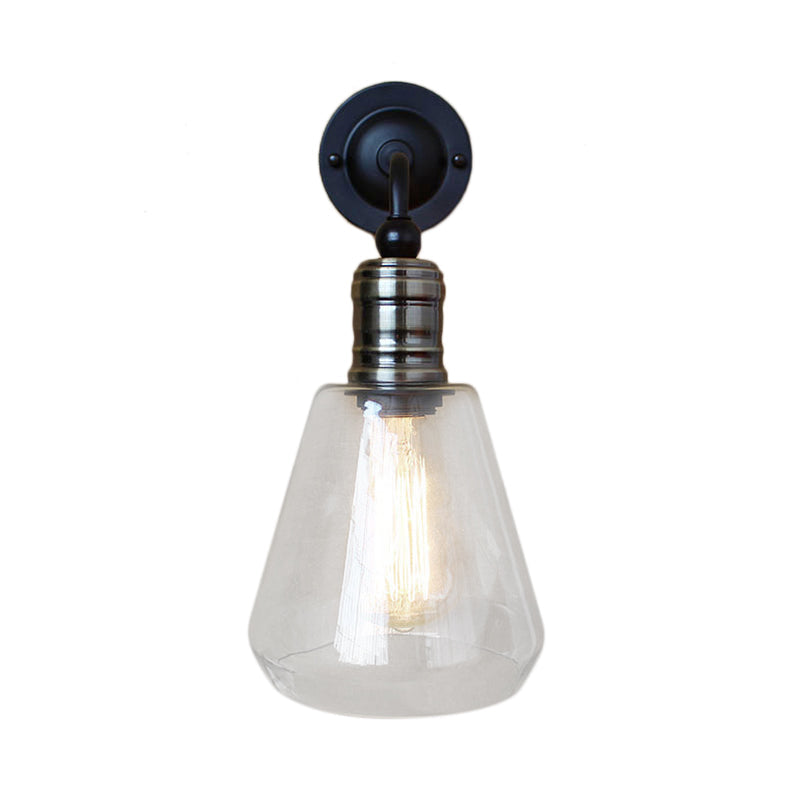 Avtoit | Rustic Style Tapered Shade Wall Lighting Fixture Single Gloss Clear Glass Wall Lamp in Black for Kitchen
