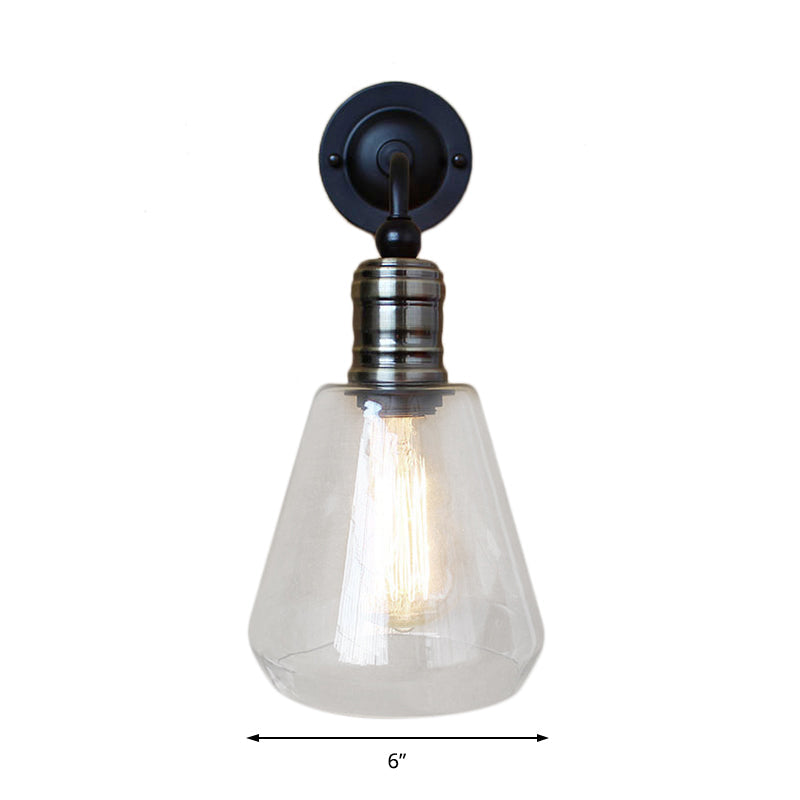 Avtoit | Rustic Style Tapered Shade Wall Lighting Fixture Single Gloss Clear Glass Wall Lamp in Black for Kitchen