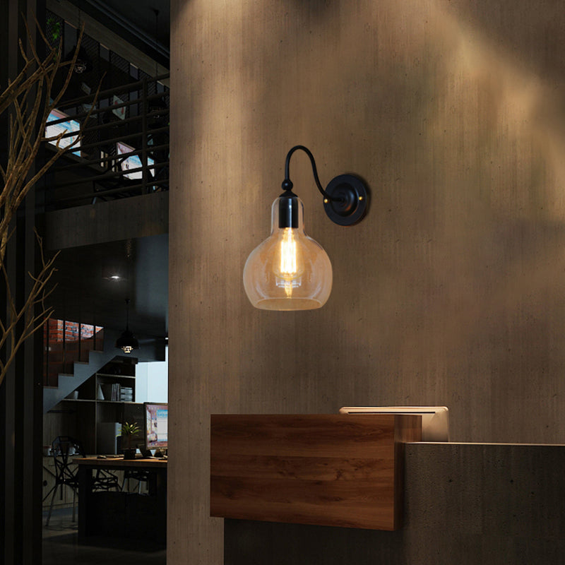 Avtoit | One Pear Wall Light with Pumpkin Shade Clear Glass Industrial Corridor Wall Lamp in Black