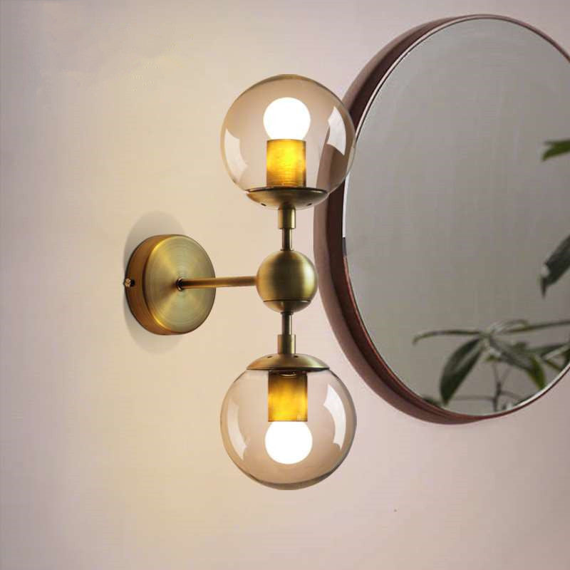 Avtoit | 1/2-Head Global Wall Mount Light with Amber Glass Shade Modernist Wall Lamp Lighting in Gold for Bedroom