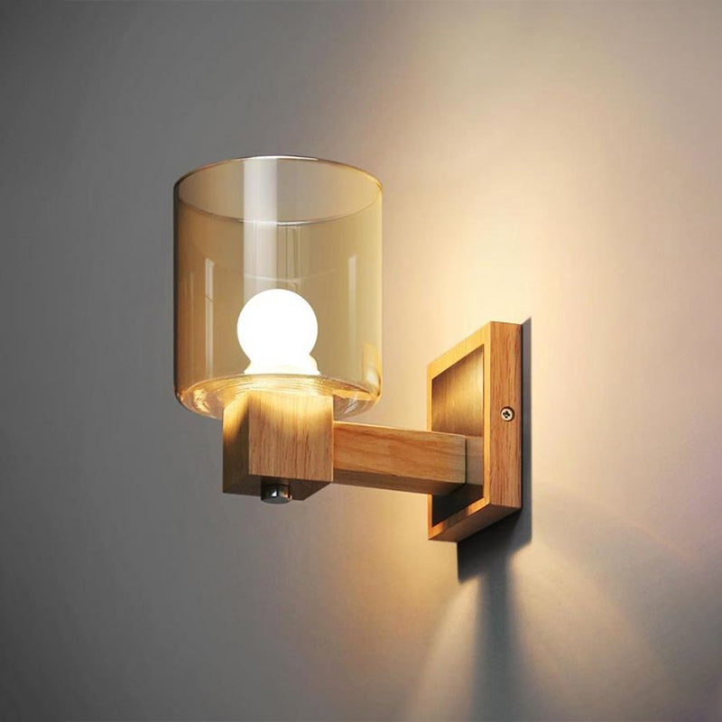 Avtoit | Cognac Glass Cylinder Wall Lamp Nordic Style 1 Light Mini Wall Sconce Made of Wood