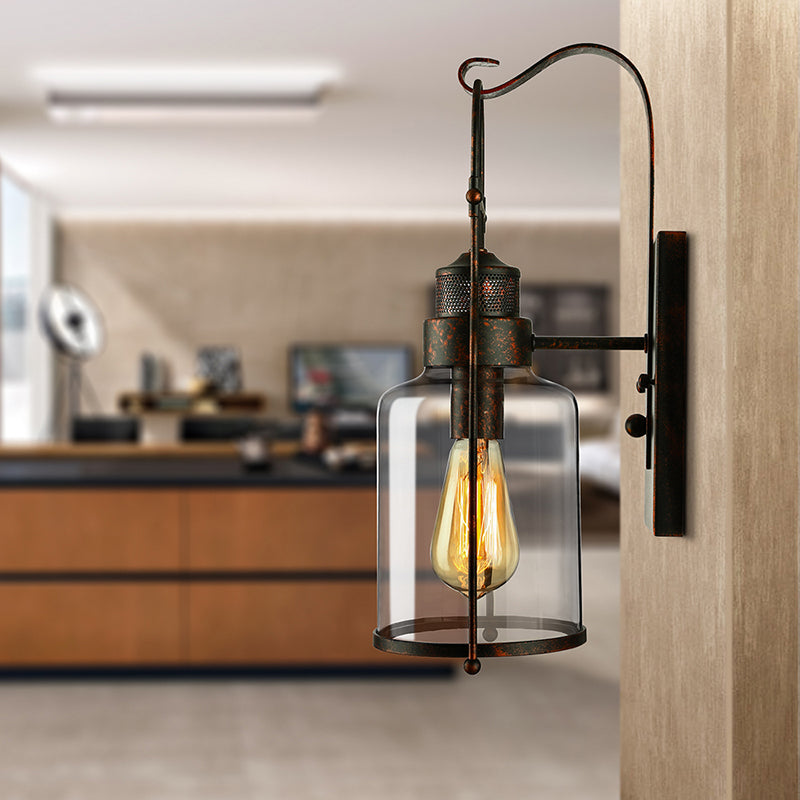 Avtoit | Cylinder clear glass wall-mounted lamp industrial single bulb living room wall sconce in black/white/rust with cage