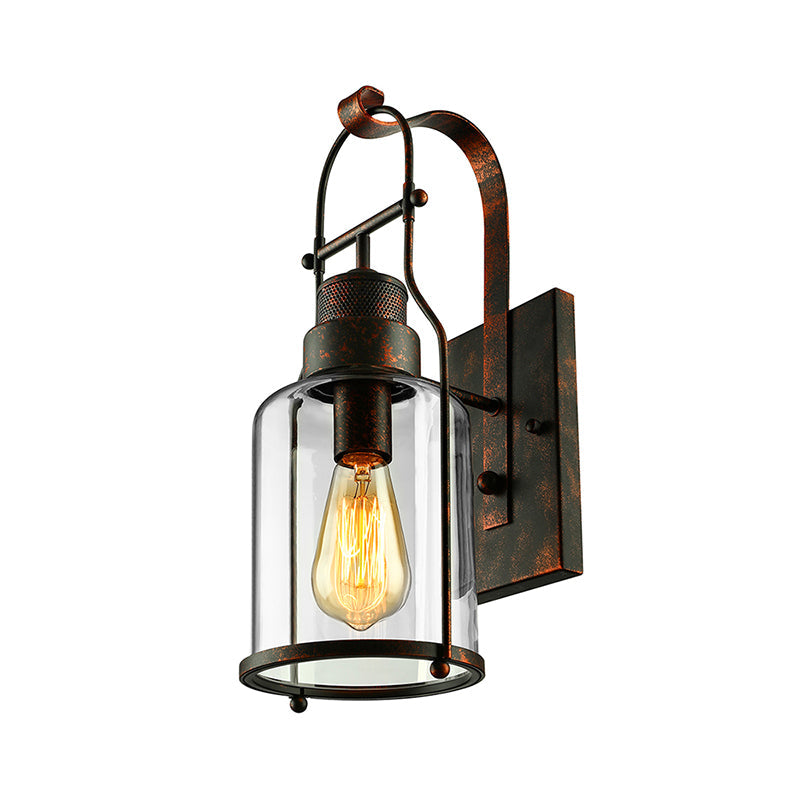 Avtoit | Cylinder clear glass wall-mounted lamp industrial single bulb living room wall sconce in black/white/rust with cage