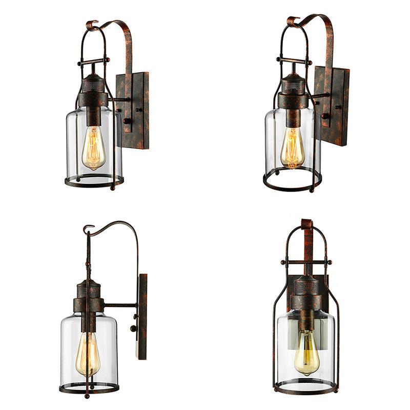 Avtoit | Cylinder clear glass wall-mounted lamp industrial single bulb living room wall sconce in black/white/rust with cage