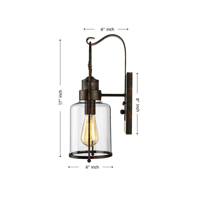 Avtoit | Cylinder clear glass wall-mounted lamp industrial single bulb living room wall sconce in black/white/rust with cage