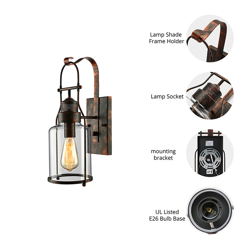 Avtoit | Cylinder clear glass wall-mounted lamp industrial single bulb living room wall sconce in black/white/rust with cage