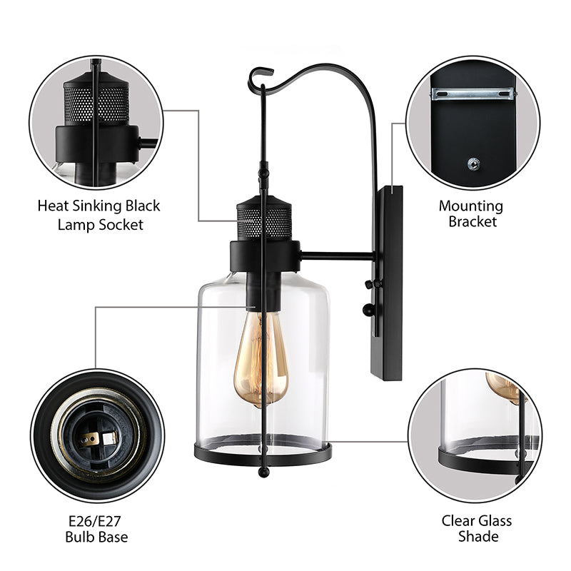 Avtoit | Cylinder clear glass wall-mounted lamp industrial single bulb living room wall sconce in black/white/rust with cage