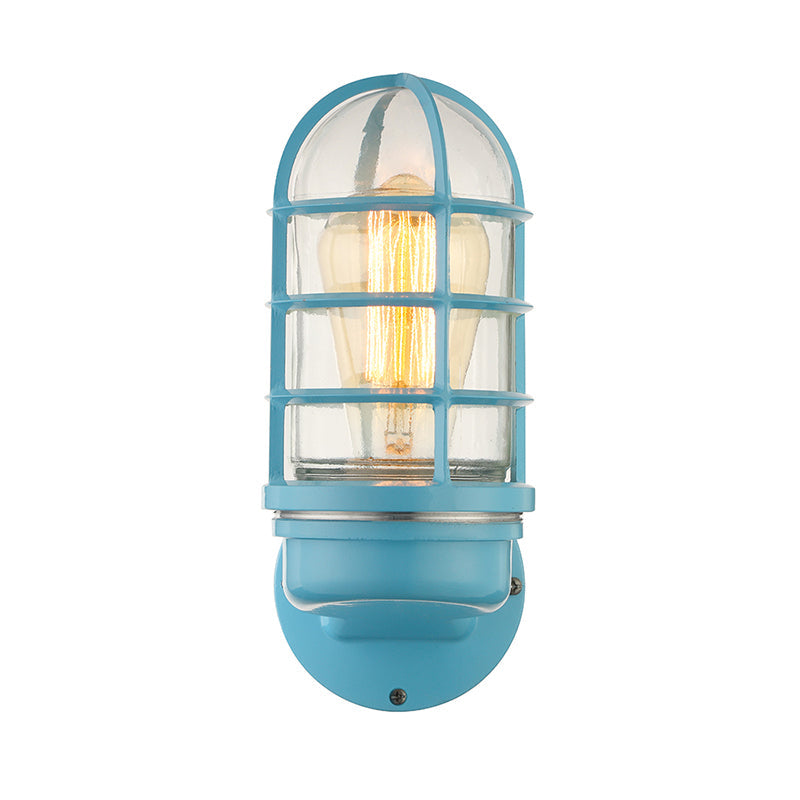 Avtoit | Cylinder Clear Glass Wall Mounted Lamp Industrial Single Bulb Living Room Wall Light in Pink/Blue/Green with Cage