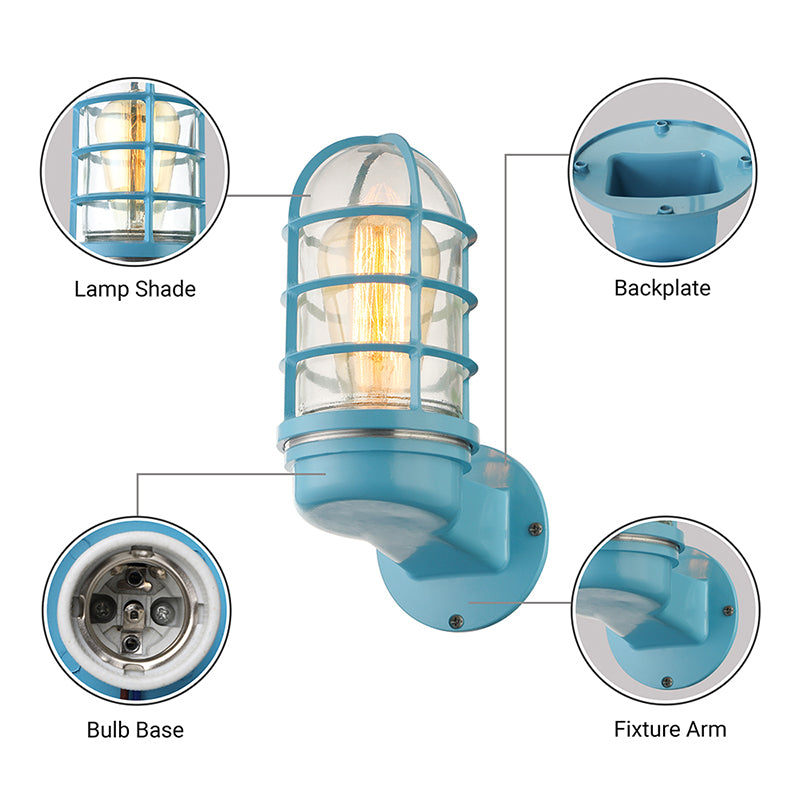 Avtoit | Cylinder Clear Glass Wall Mounted Lamp Industrial Single Bulb Living Room Wall Light in Pink/Blue/Green with Cage