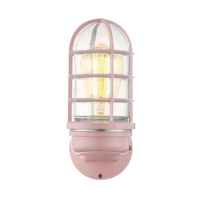 Avtoit | Cylinder Clear Glass Wall Mounted Lamp Industrial Single Bulb Living Room Wall Light in Pink/Blue/Green with Cage