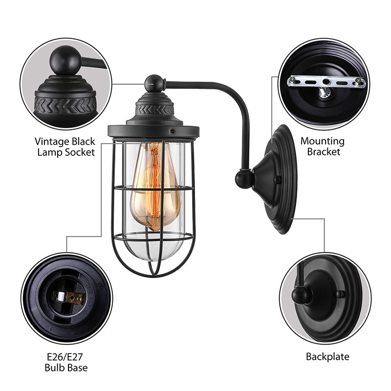 Avtoit | Industrial wire cage wall lighting 1/2-lamp clear glass wall lamp in black for stairs.