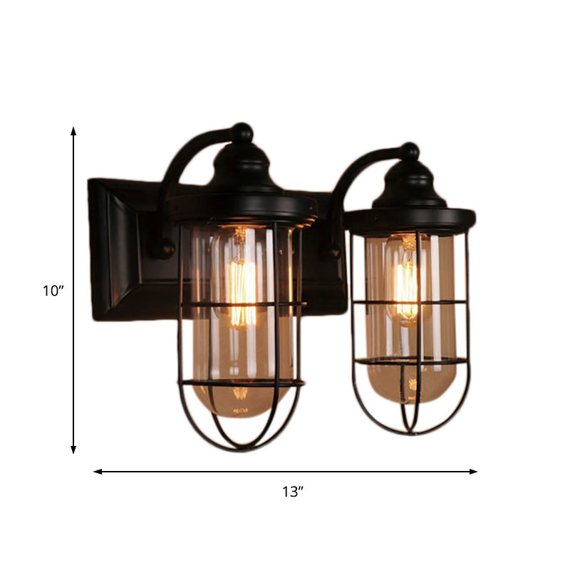Avtoit | Industrial wire cage wall lighting 1/2-lamp clear glass wall lamp in black for stairs.