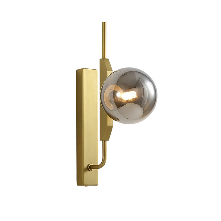 Avtoit | LED Bedroom Wall Light with Spherical Smoky/White/Amber Glass Shade Modern Brass Wall Mount Light