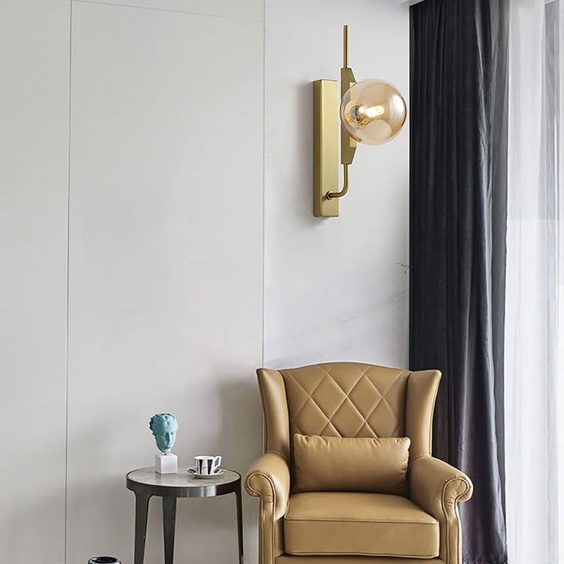 Avtoit | LED Bedroom Wall Light with Spherical Smoky/White/Amber Glass Shade Modern Brass Wall Mount Light