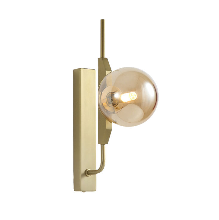 Avtoit | LED Bedroom Wall Light with Spherical Smoky/White/Amber Glass Shade Modern Brass Wall Mount Light