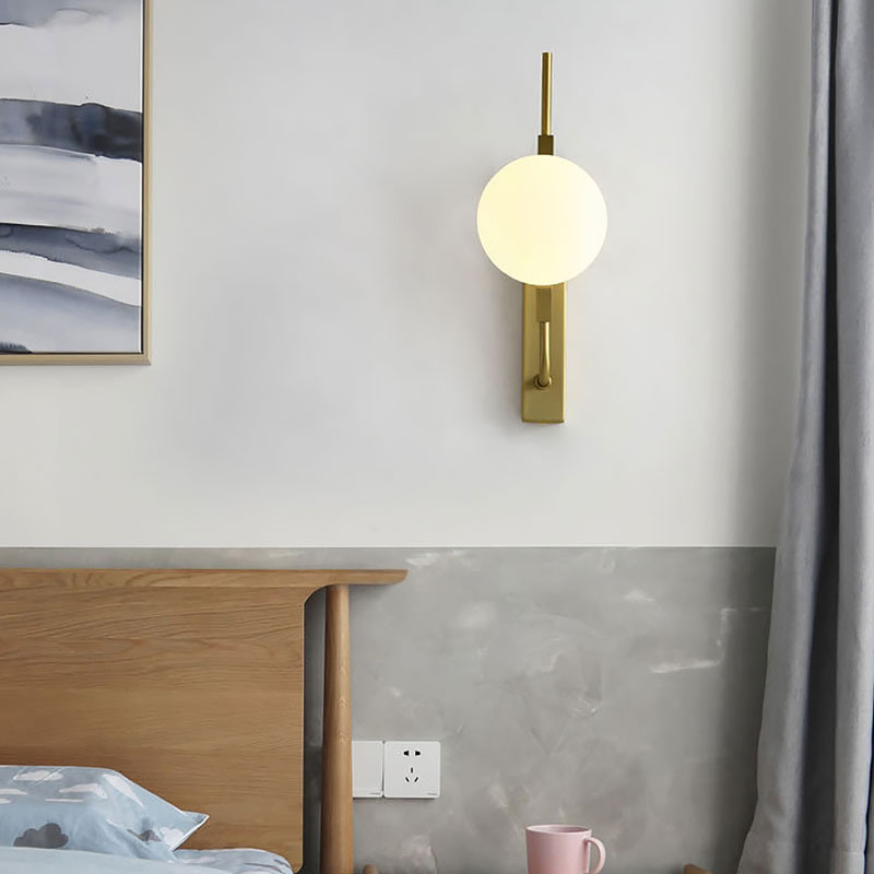 Avtoit | LED Bedroom Wall Light with Spherical Smoky/White/Amber Glass Shade Modern Brass Wall Mount Light