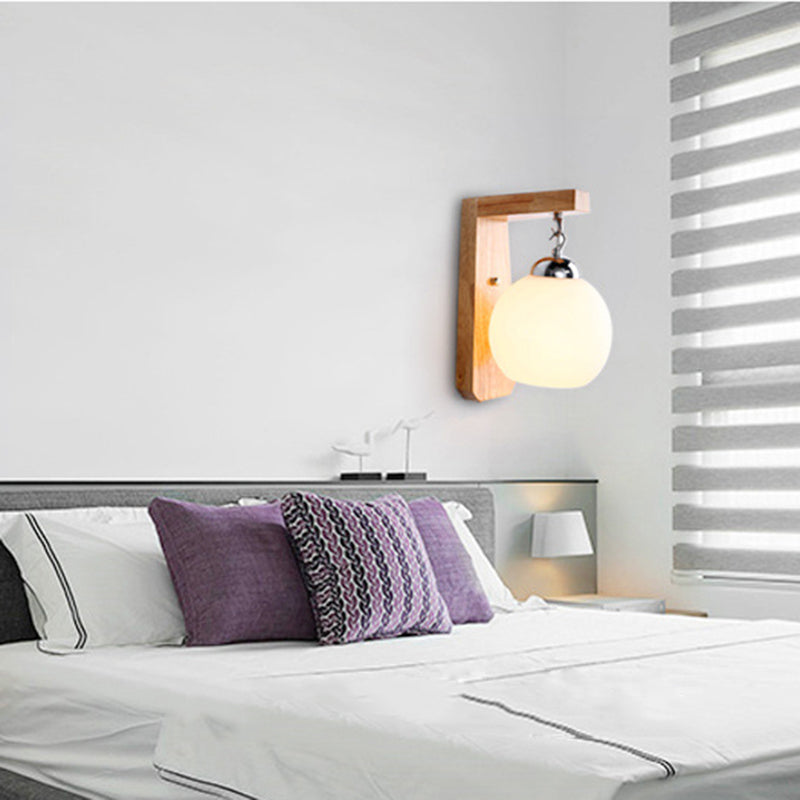 Avtoit | Modern Globe Pendant Light Opal Glass 1-Bulb White Wall Lamp with Wooden Base for the Bedroom