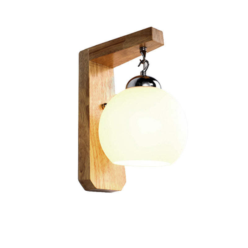 Avtoit | Modern Globe Pendant Light Opal Glass 1-Bulb White Wall Lamp with Wooden Base for the Bedroom