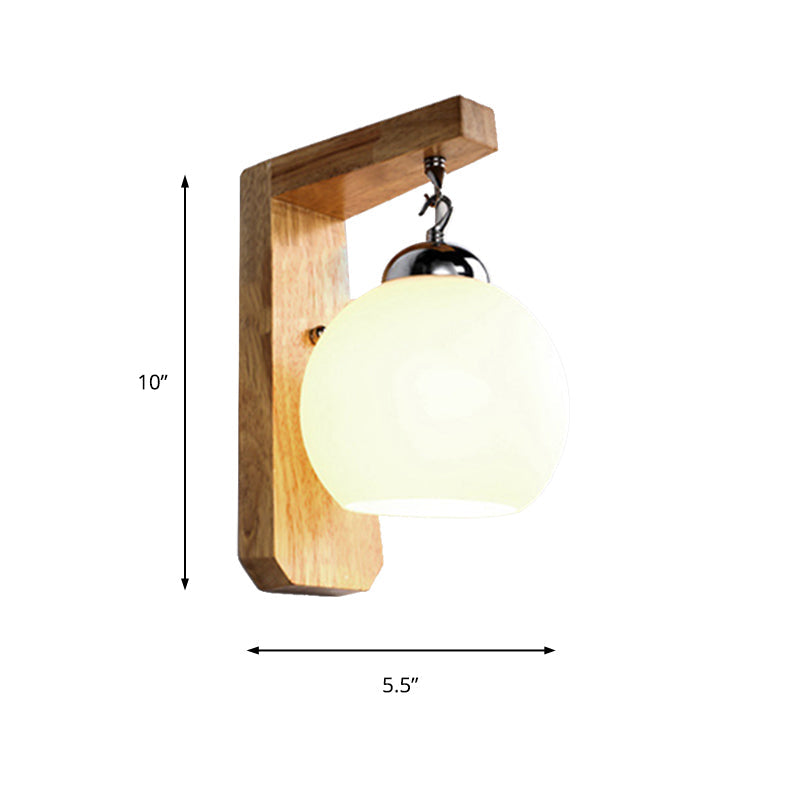 Avtoit | Modern Globe Pendant Light Opal Glass 1-Bulb White Wall Lamp with Wooden Base for the Bedroom