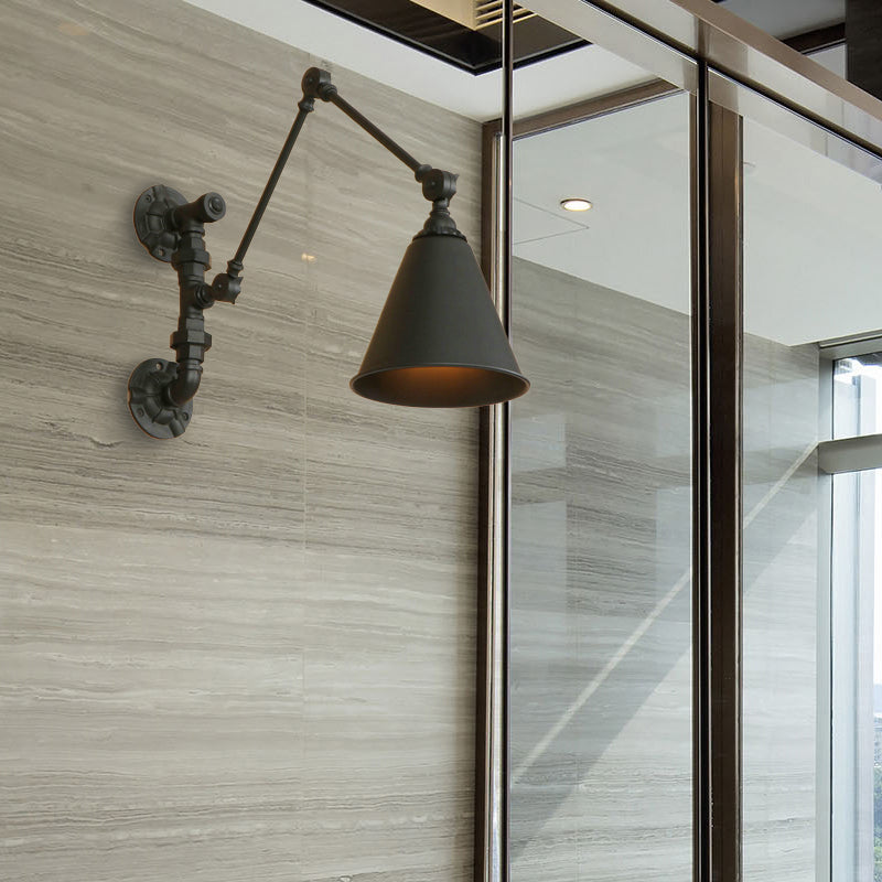 Avtoit | 1 Bulb Swing Arm Wall Lamp Lighting Industrial Black Metal Wall Mount Light with Cone Shade