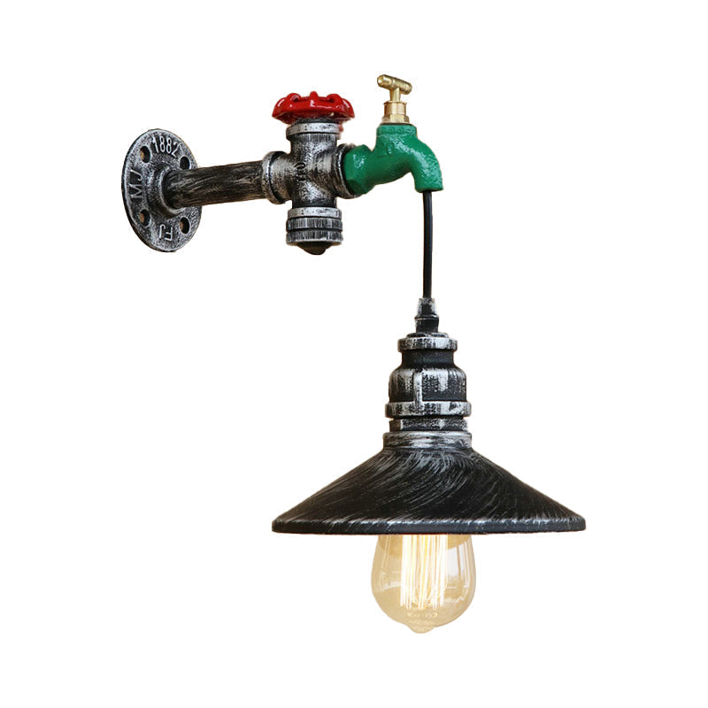 Avtoit | Steampunk Wall Lamp with Conical Shade 1 Lamp Cast Iron Wall Light in Aged Silver