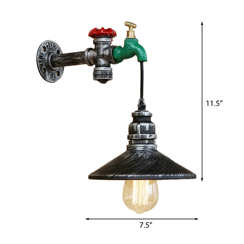 Avtoit | Steampunk Wall Lamp with Conical Shade 1 Lamp Cast Iron Wall Light in Aged Silver