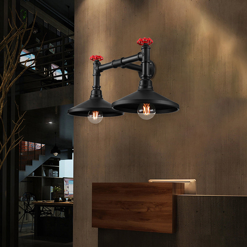 Avtoit | Industrial Cone Wall Lamp with Raw Valve 2 Heads Metal Wall Light in Black for Hallway