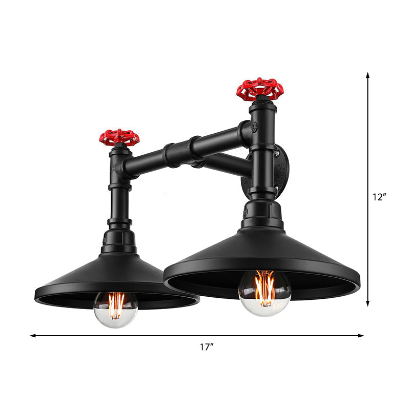 Avtoit | Industrial Cone Wall Lamp with Raw Valve 2 Heads Metal Wall Light in Black for Hallway