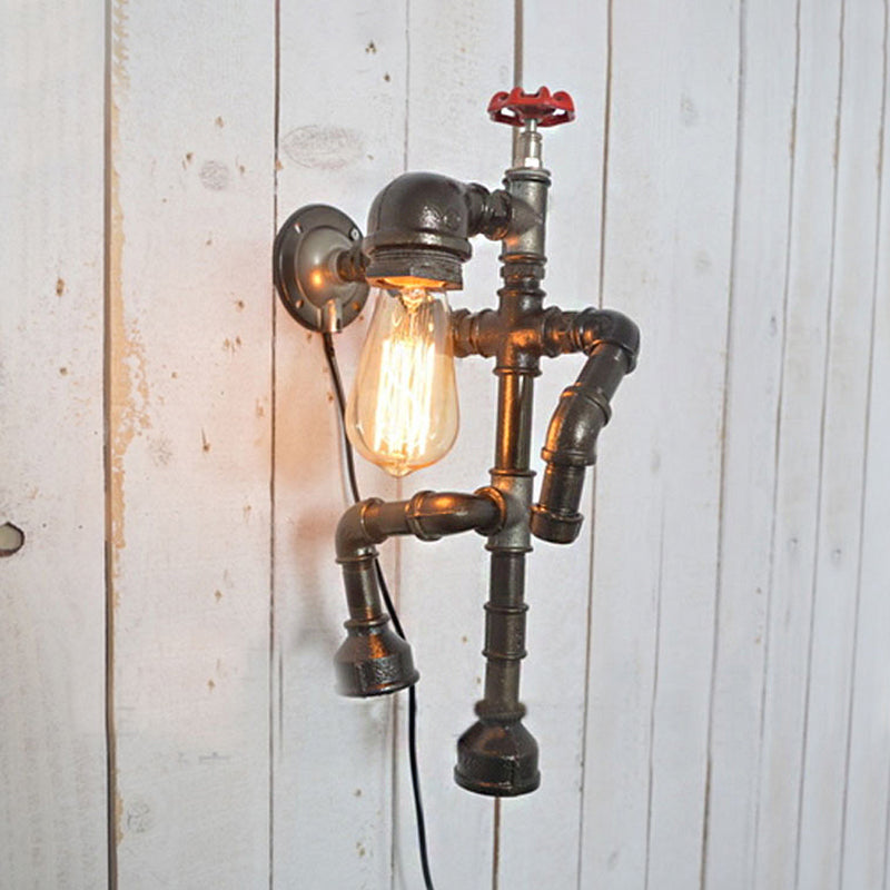 Avtoit | Bronze Finish Robot Sconce Light with Expose Bulb and Red Valve Vintage Metallic 1 Head Corridor Wall Lighting