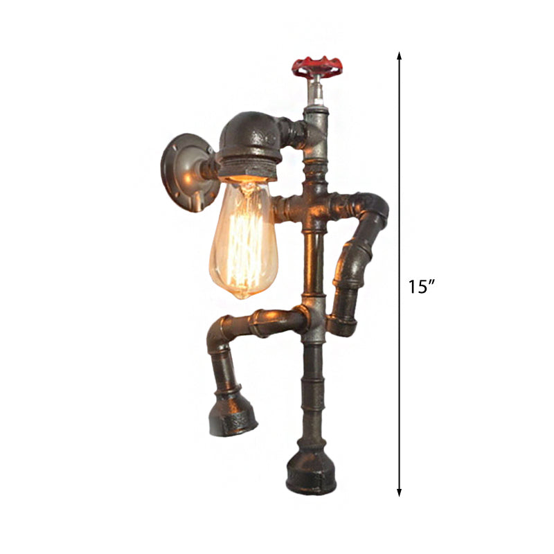 Avtoit | Bronze Finish Robot Sconce Light with Expose Bulb and Red Valve Vintage Metallic 1 Head Corridor Wall Lighting